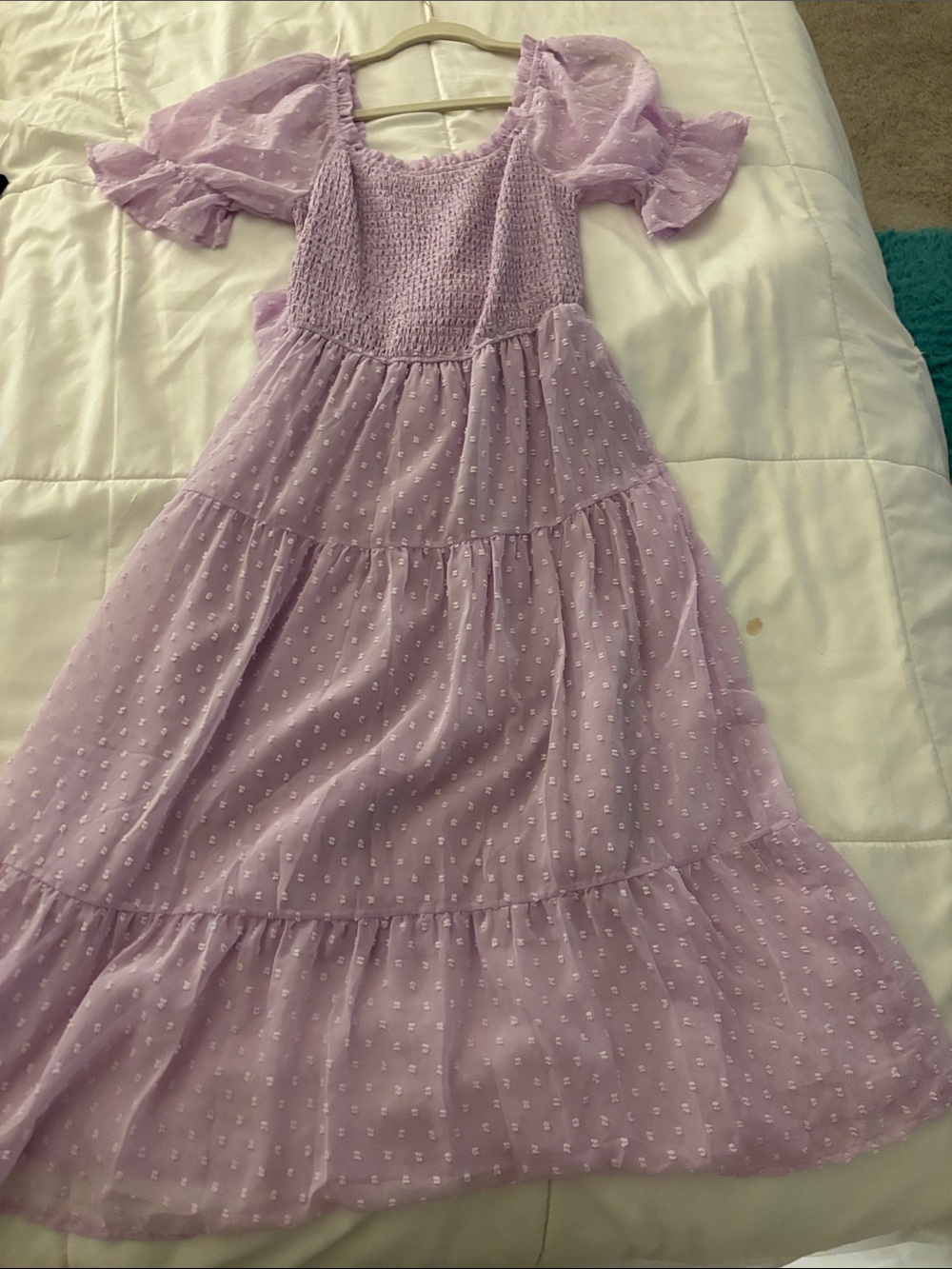 Smocked Lavender Tiered Puff-Sleeve Casual Dress